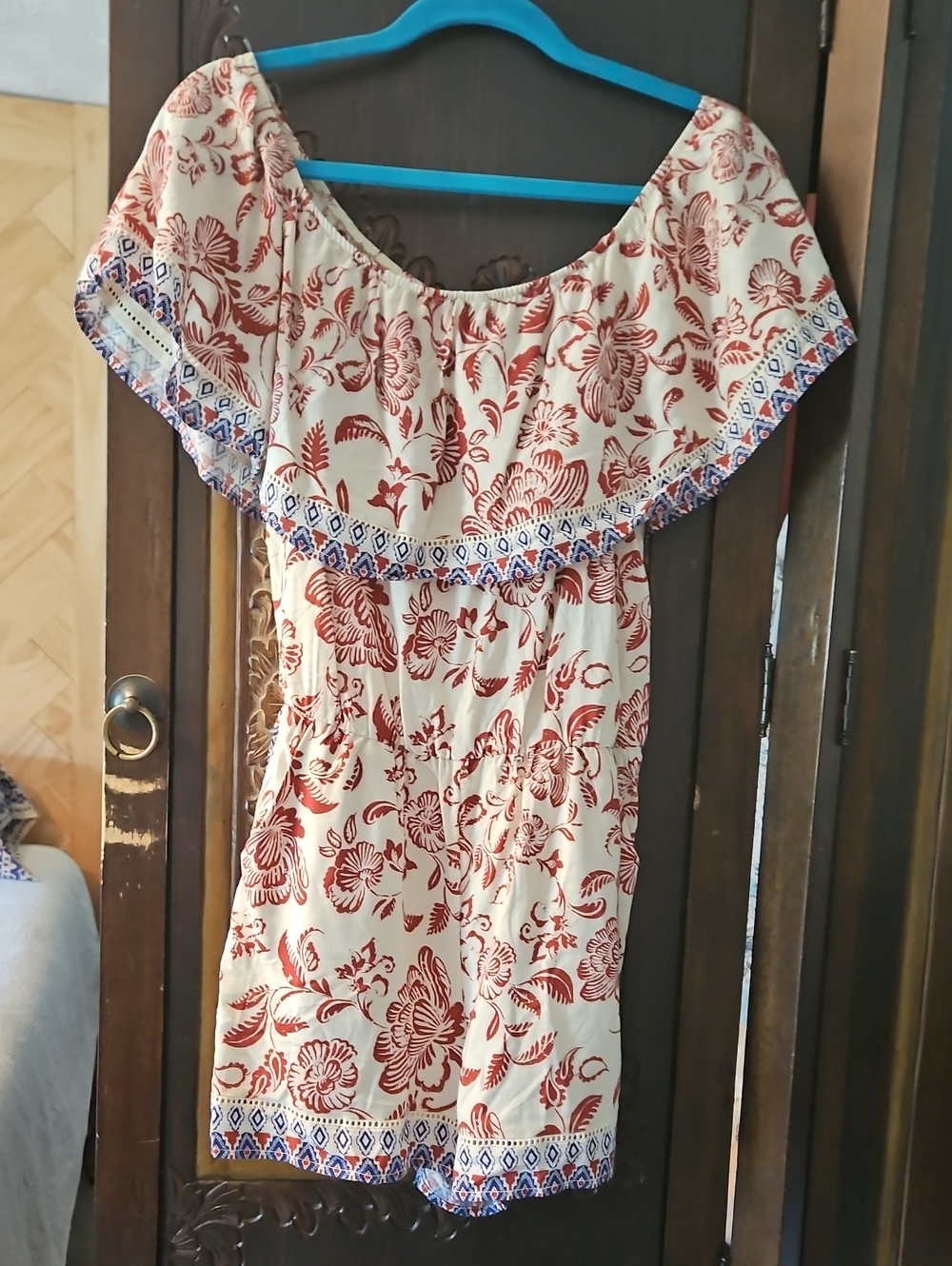 Socialite Cream Dress with Rust Floral Print and Blue Trim